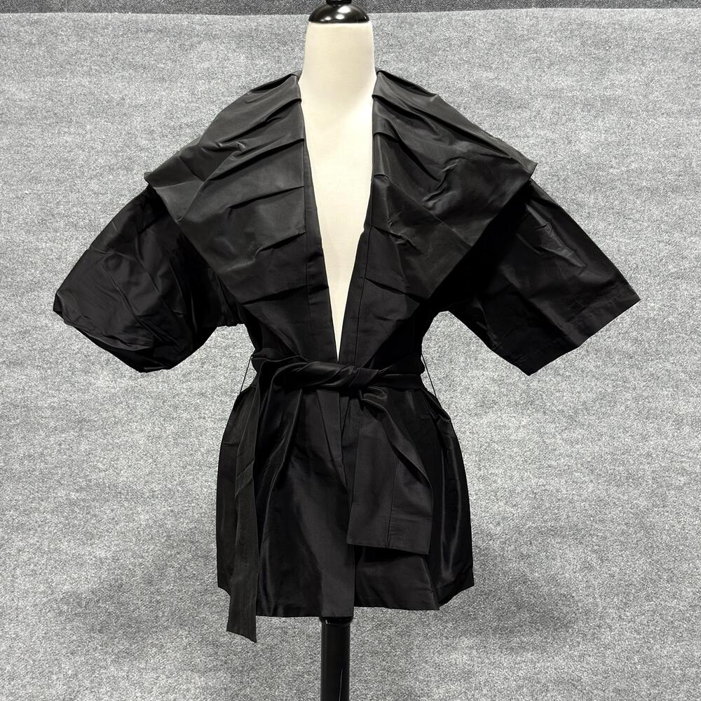 St John Evening Jacket Womens 6 Black Satin Wrap Belted Kimono Short Sleeve